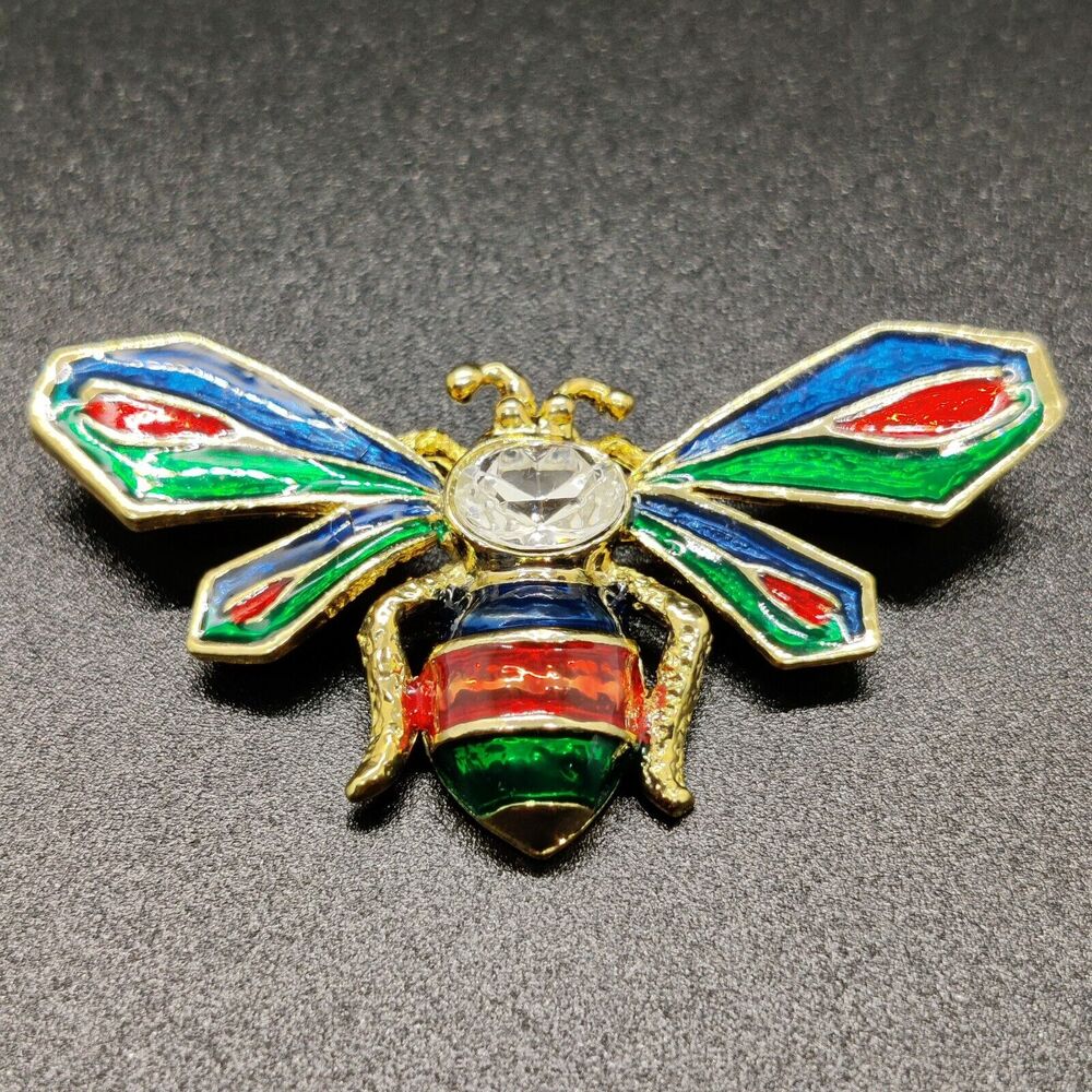 Vintage Style Colorful Enamel Bumble Bee Brooch Gold Tone Rhinestone Insect‎ Pin